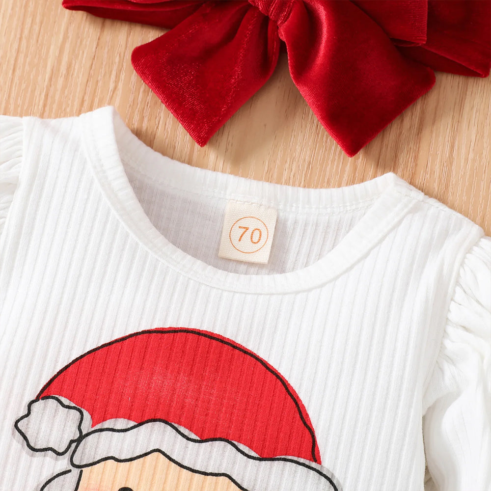 3PCS My First Christmas Letter Santa Claus Print Velvet Baby Girl Set