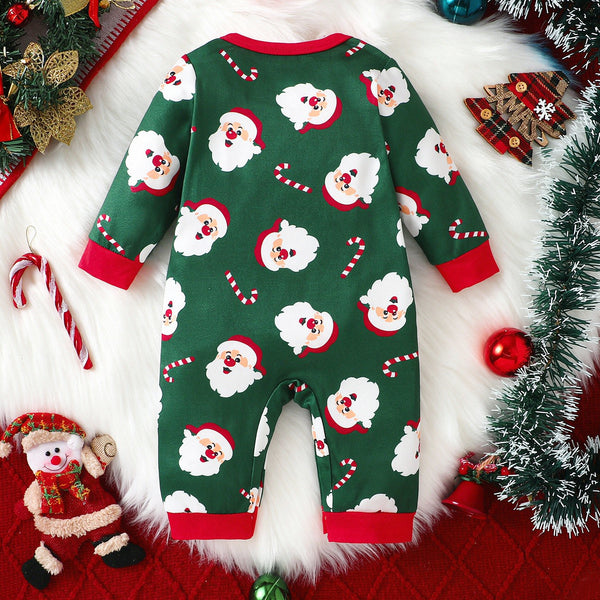 Cute Santa Claus and Candy Cane Print Long Sleeve Baby Jumpsuit