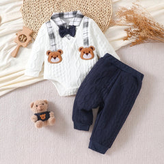 2PCS Cute Bear Applique Plaid Print Long Sleeve Baby Boy Set