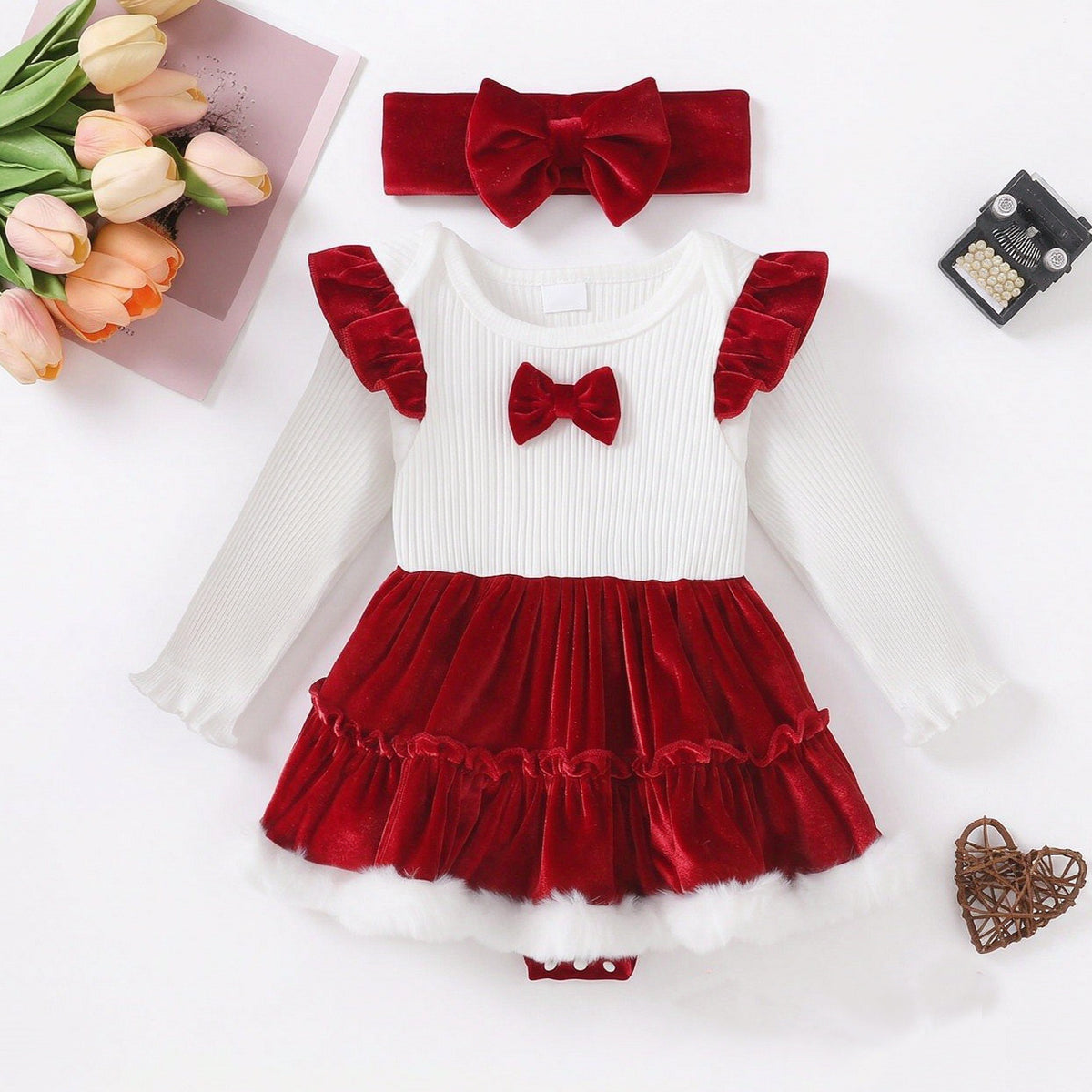 2PCS Chic Color Block Long Sleeve Baby Girl Velvet Romper Main image