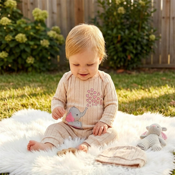 2PCS Lovely Elephant Print Long Sleeve Baby Jumpsuit