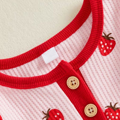 Lovely Strawberry Print Waffle Long Sleeve Baby Girl Jumpsuit