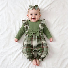 2PCS Fresh Plaid Printed Ruffle Long Sleeve Baby Girl Jumpsuit