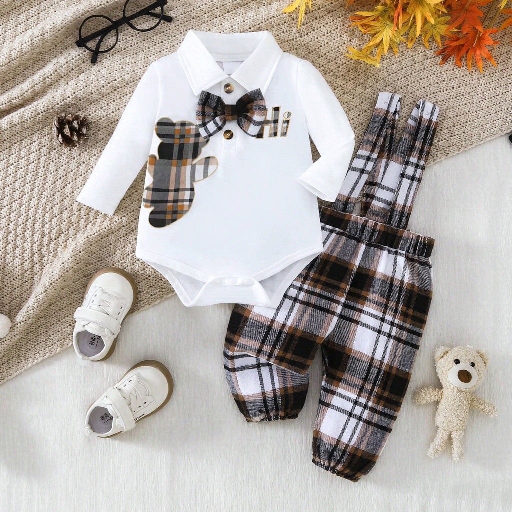 2PCS Stylish Bear Plaid Print Long Sleeve Baby Overalls Set