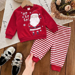 2PCS Ho Ho Ho Letter Santa Claus Stripe Print Long Sleeve Baby Set