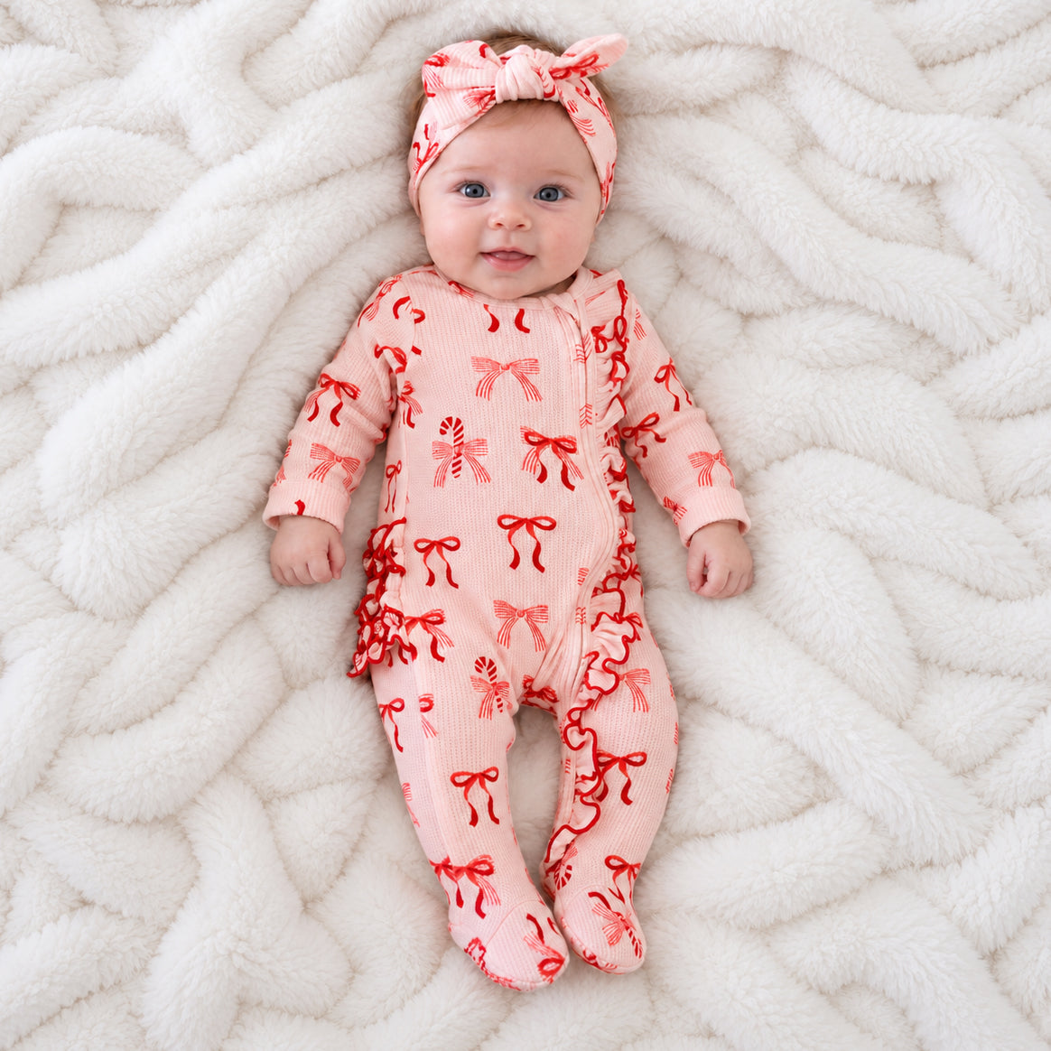 2PCS Cute Bow Candy Cane Print Zipper Long Sleeve Baby Jumpsuit