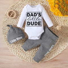 3PCS Dad's Little Dude Letter Printed Long Sleeve Baby Set