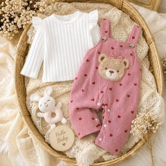 2PCS Bear Applique Heart Print Long Sleeve Corduroy Baby Overalls Set