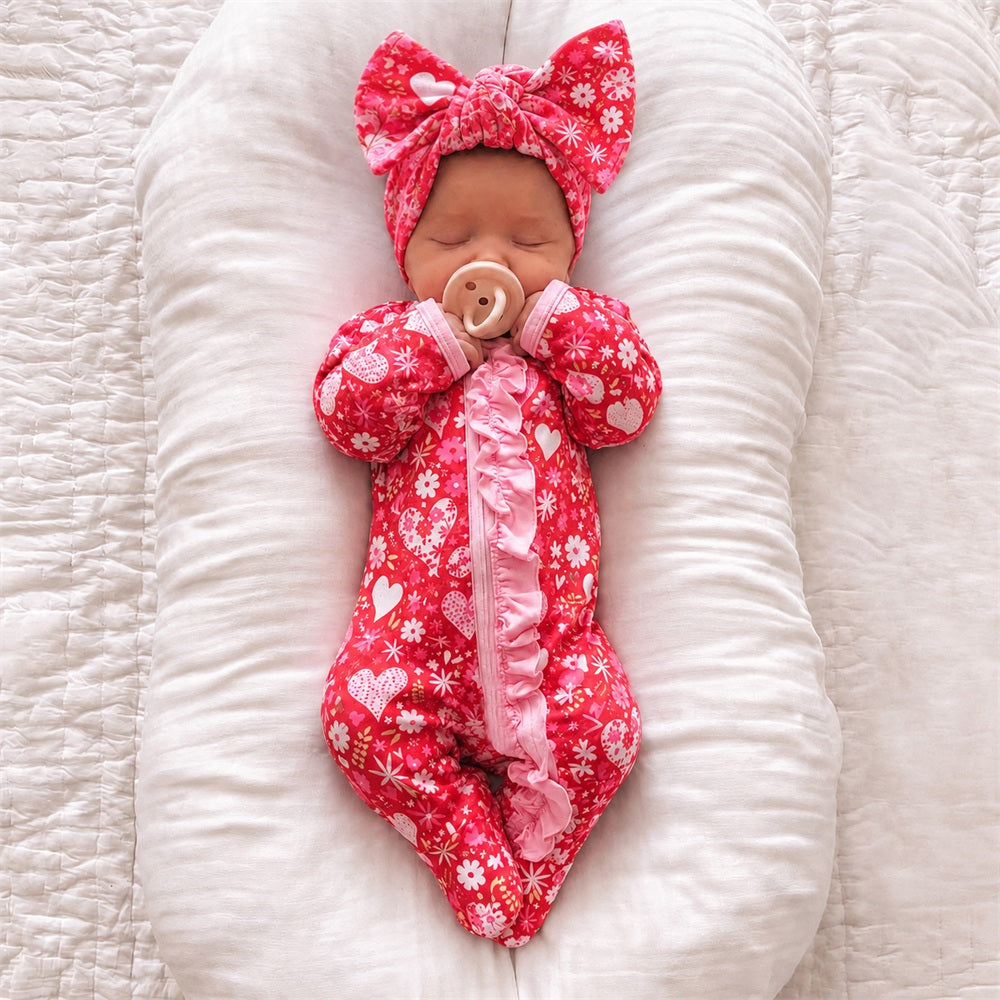 2PCS Timeless Floral Heart Print Long Sleeve Zipper Baby Jumpsuit Image principale du produit
