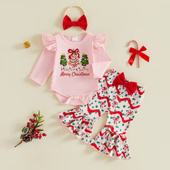 3PCS Merry Christmas Letter Tree Bow Print Long Sleeve Baby Girl Set