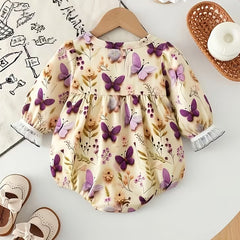 Sweet Butterfly Floral Print Long Sleeve Baby Girl Romper