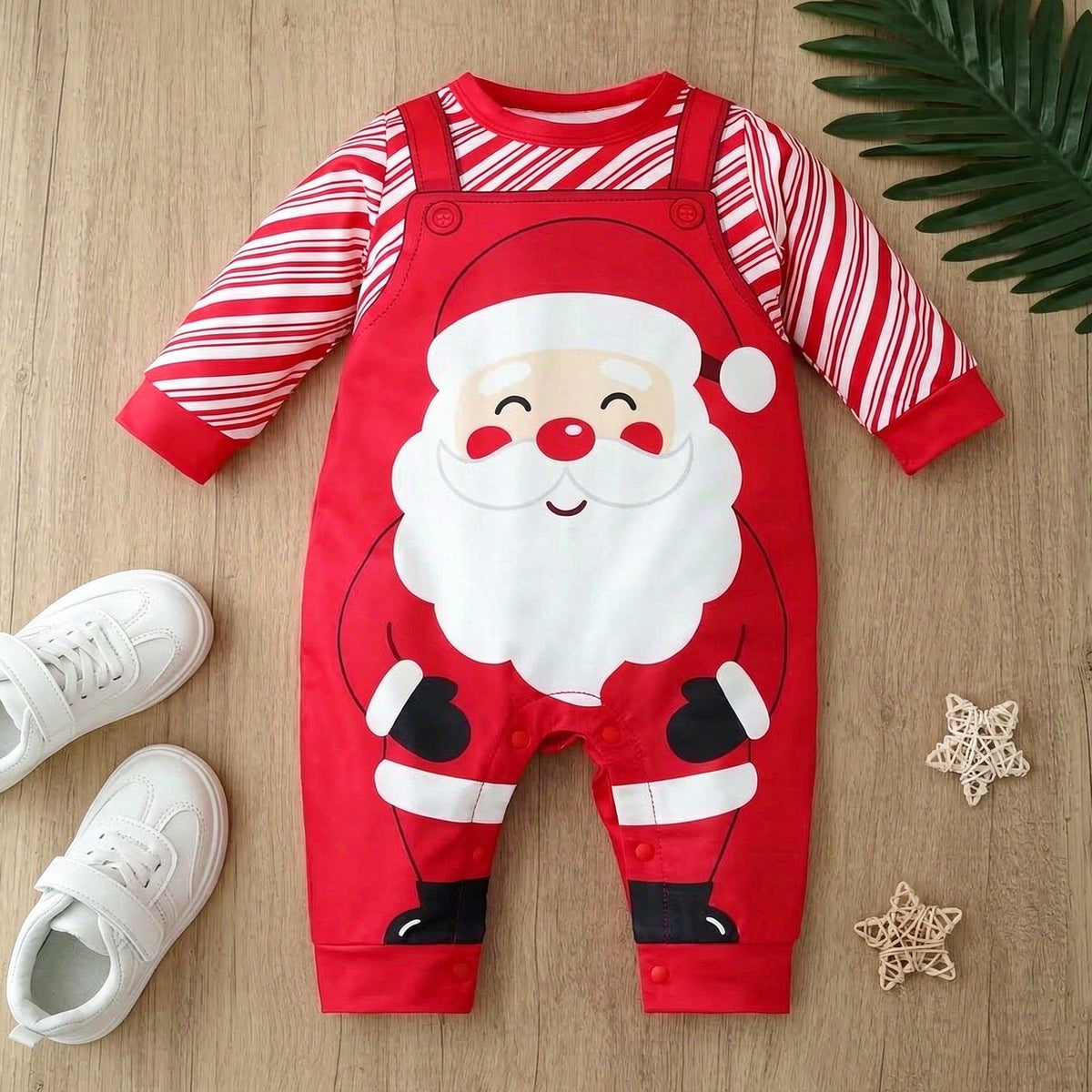 Lovely Santa Stripe Print Long Sleeve Baby Christmas Jumpsuit