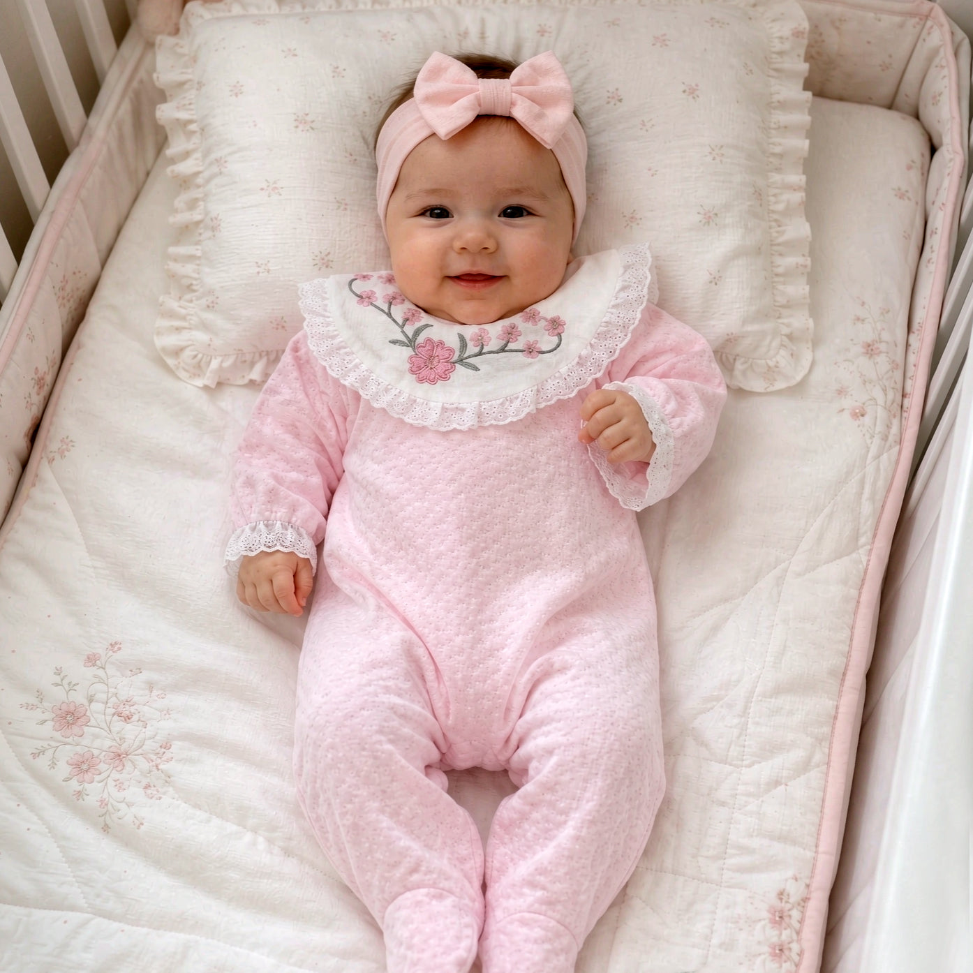 Sweet Floral Embroidery Long Sleeve Baby Girl Jumpsuit