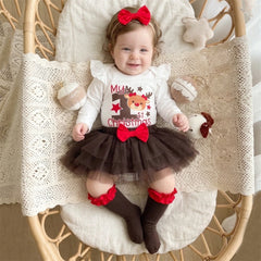 4PCS Sweet My 1st Christmas Letter Elk Print Baby Girl Set