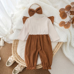2PCS Faux Two Piece Bow Embroidered Long Sleeve Baby Girl Jumpsuit