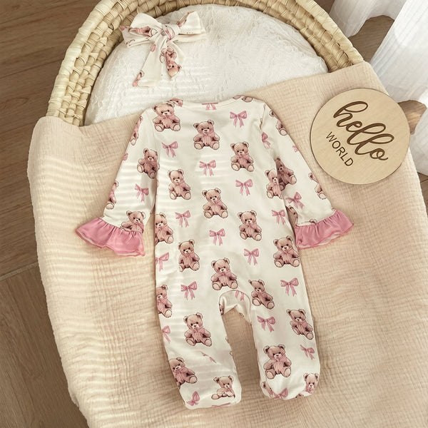 2PCS Gorgeous Bear Print Ruffle Zipper Baby Jumpsuit