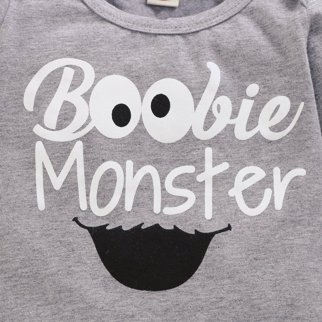 Boobie Monster Letter Printed Romper With Pants Baby Set
