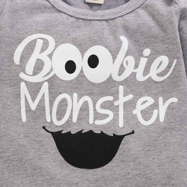 Boobie Monster Letter Printed Romper With Pants Baby Set