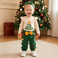 3PCS Sweet My First Christmas Letter Applique Pompon Trim Baby Girl Set