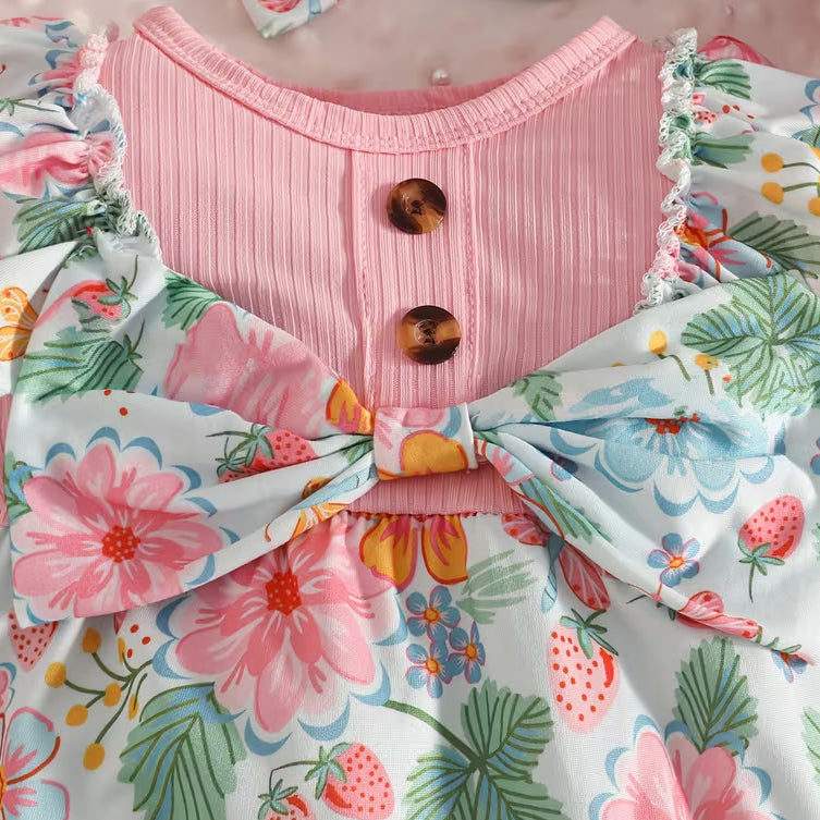 2PCS Whimsical Floral Butterfly Print Ruffle Long Sleeve Baby Girl Jumpsuit