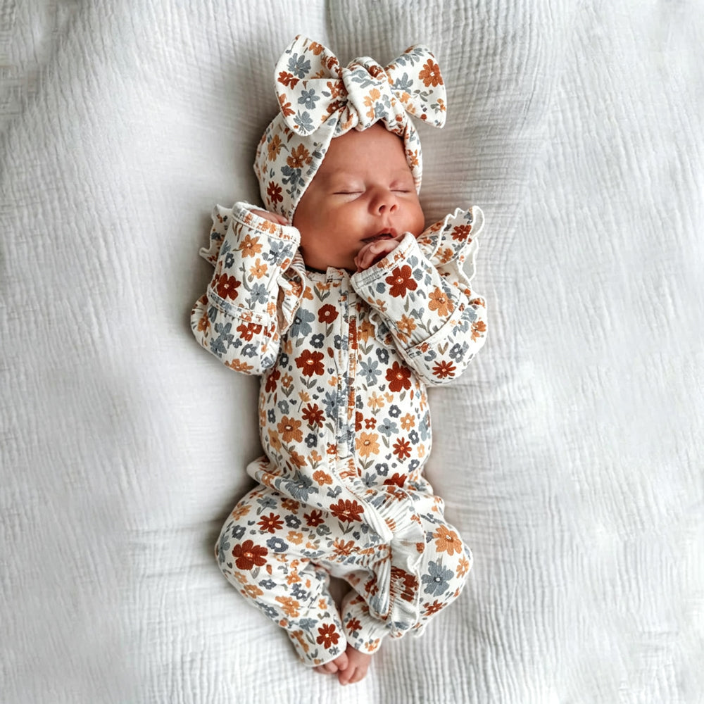 2PCS Adorable Allover Floral Print Ruffle Long Sleeve Zipper Baby Jumpsuit Main image