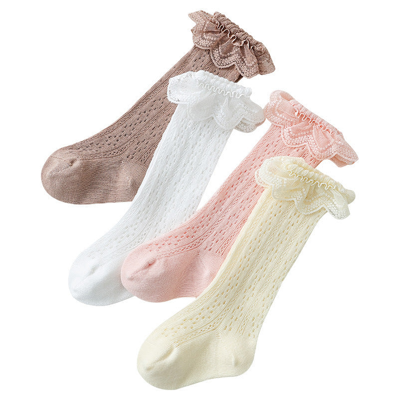 Breathable Mesh Lace Ruffle Decor Long Baby Socks Imagem secundária do produto