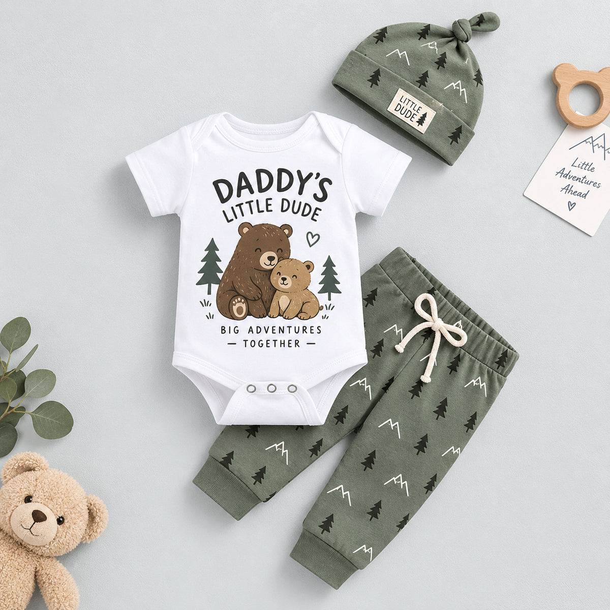 3PCS Daddy's Little Dude Letter Bear Print Short Sleeve Baby Boy Set
