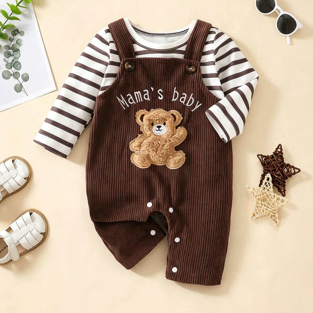 2PCS Mama's Boy Letter Bear Stripe Print Long Sleeve Baby Overalls Set