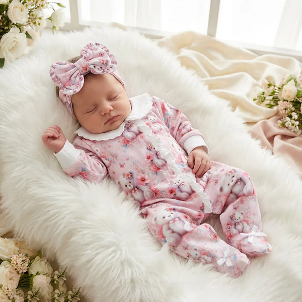 2PCS Lovely Teddy Bear Floral Print Long Sleeve Baby Jumpsuit