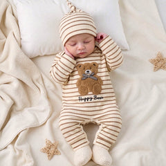 2PCS Cute Bear Applique Stripe Printed Long Sleeve Baby Jumpsuit