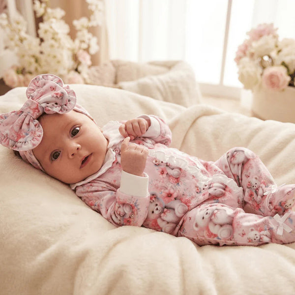 2PCS Lovely Teddy Bear Floral Print Long Sleeve Baby Jumpsuit