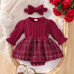 2PCS Small Fragrance Style Plaid Print Long Sleeve Baby Romper