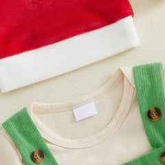 3PCS Cute Letter Santa Hat Applique Overalls Baby Christmas Set