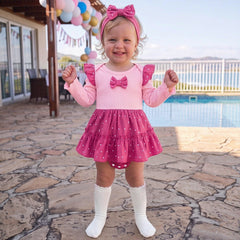 2PCS Pretty Polka Dots Print Bow Long Sleeve Baby Girl Romper