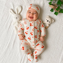 2PCS Allover Cherry Printed Long Sleeve Baby Jumpsuit