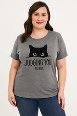 Judging You Slilently Cat Print Women Slogan Plus Size T-shirt