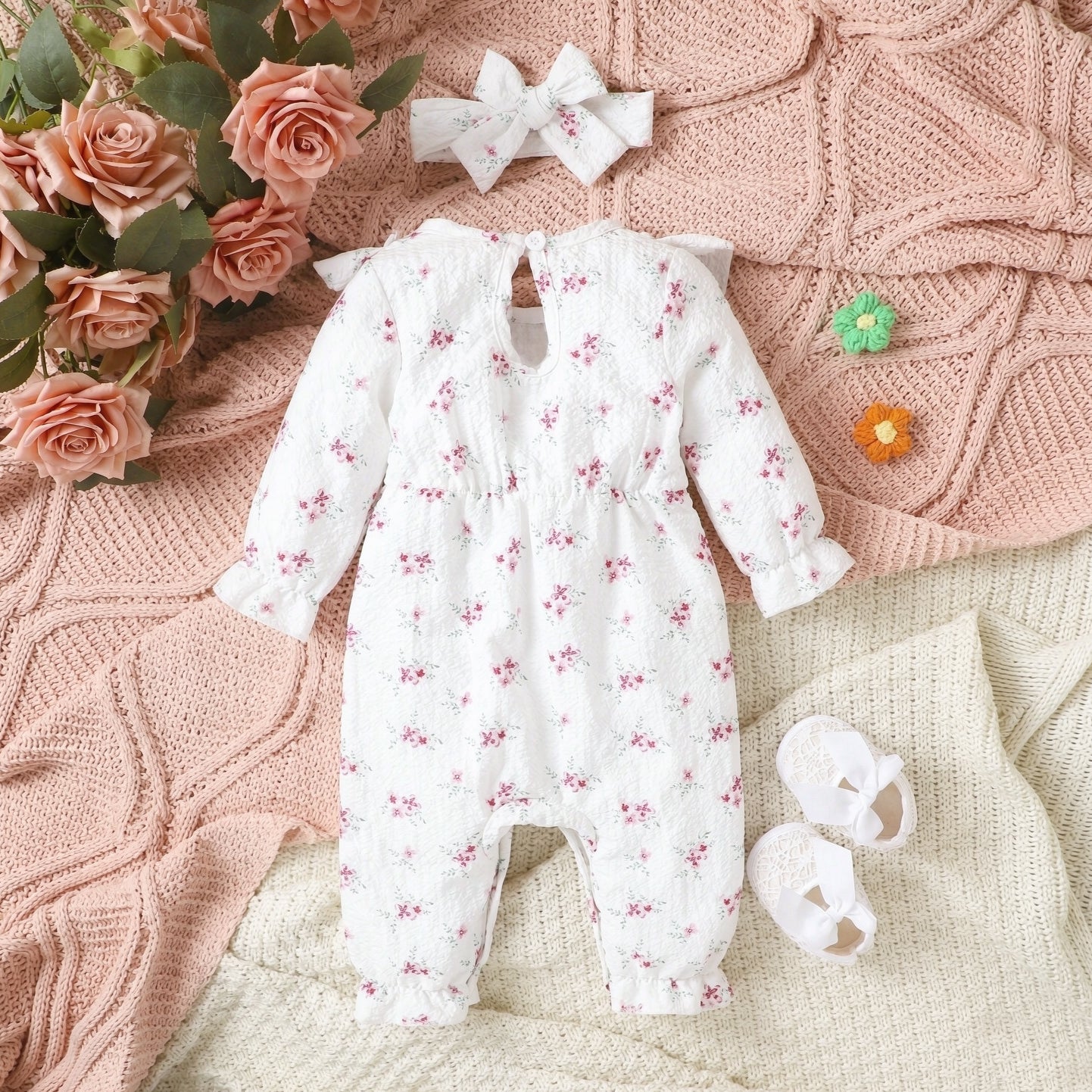 2PCS Allover Floral Printed Ruffle Long Sleeve Baby Girl Jumpsuit