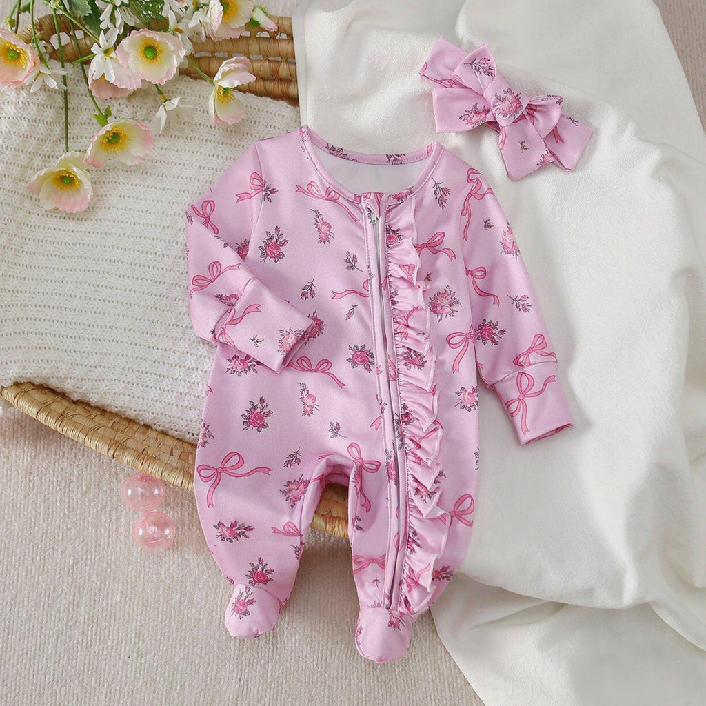 2PCS Delicate Floral Bow Print Zipper Long Sleeve Baby Girl Jumpsuit