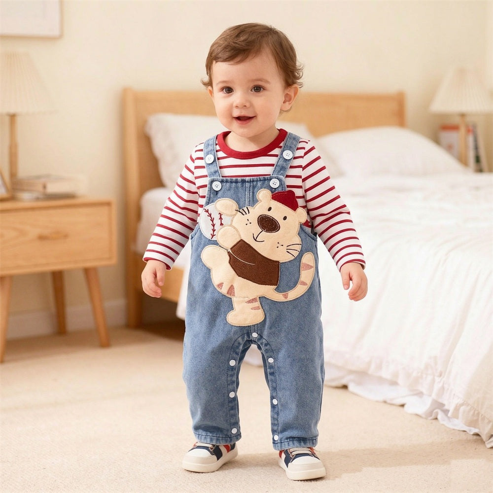 2PCS Tiger Applique Stripe Print Long Sleeve Baby Denim Overalls Set Imagem secundária do produto