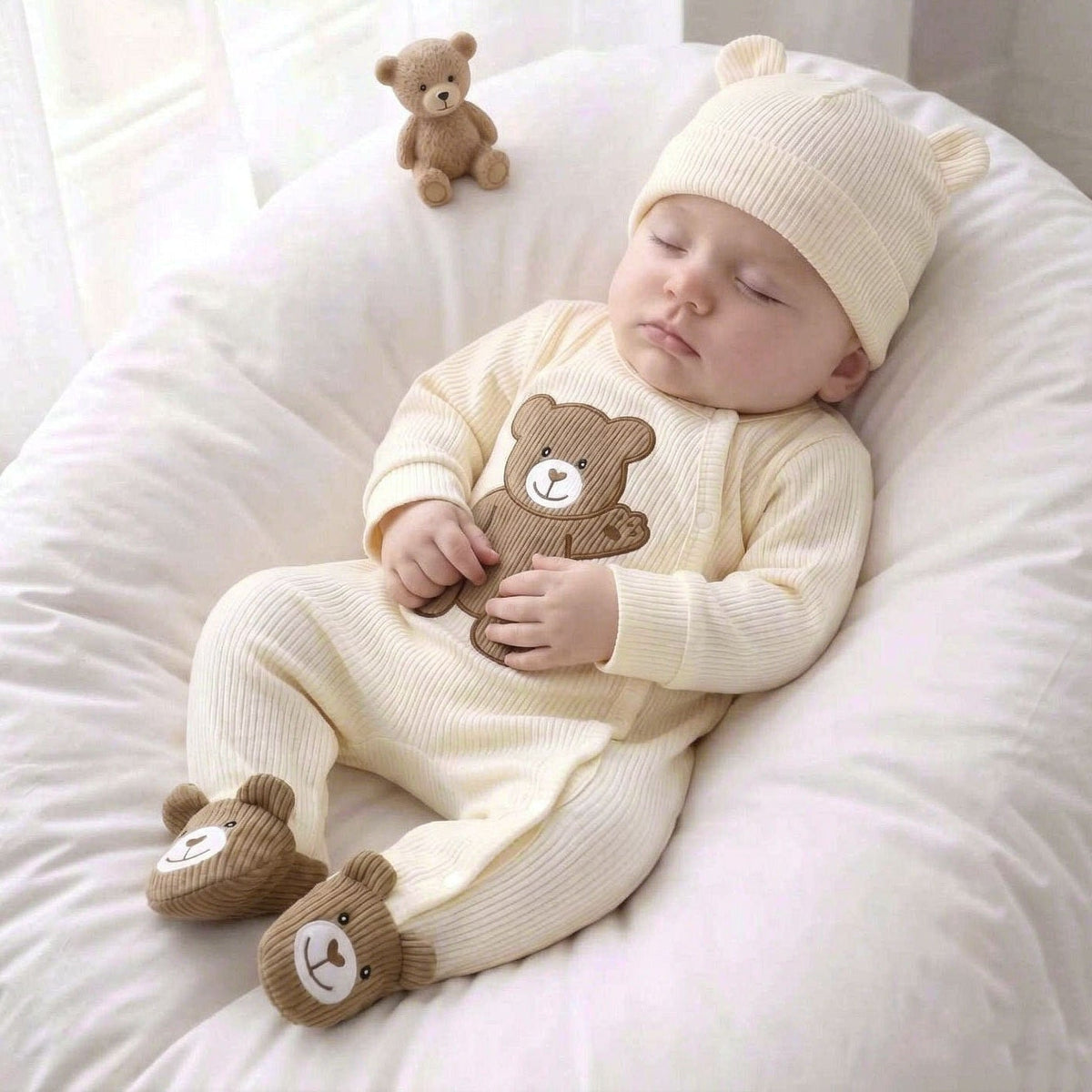 Lovely Bear Embroidered Knit Long Sleeve Baby Jumpsuit