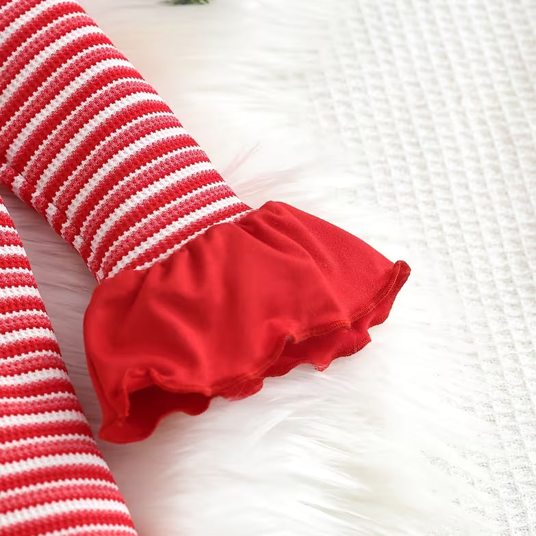 Santa Claus Applique Striped Knit Baby Girl Christmas Jumpsuit