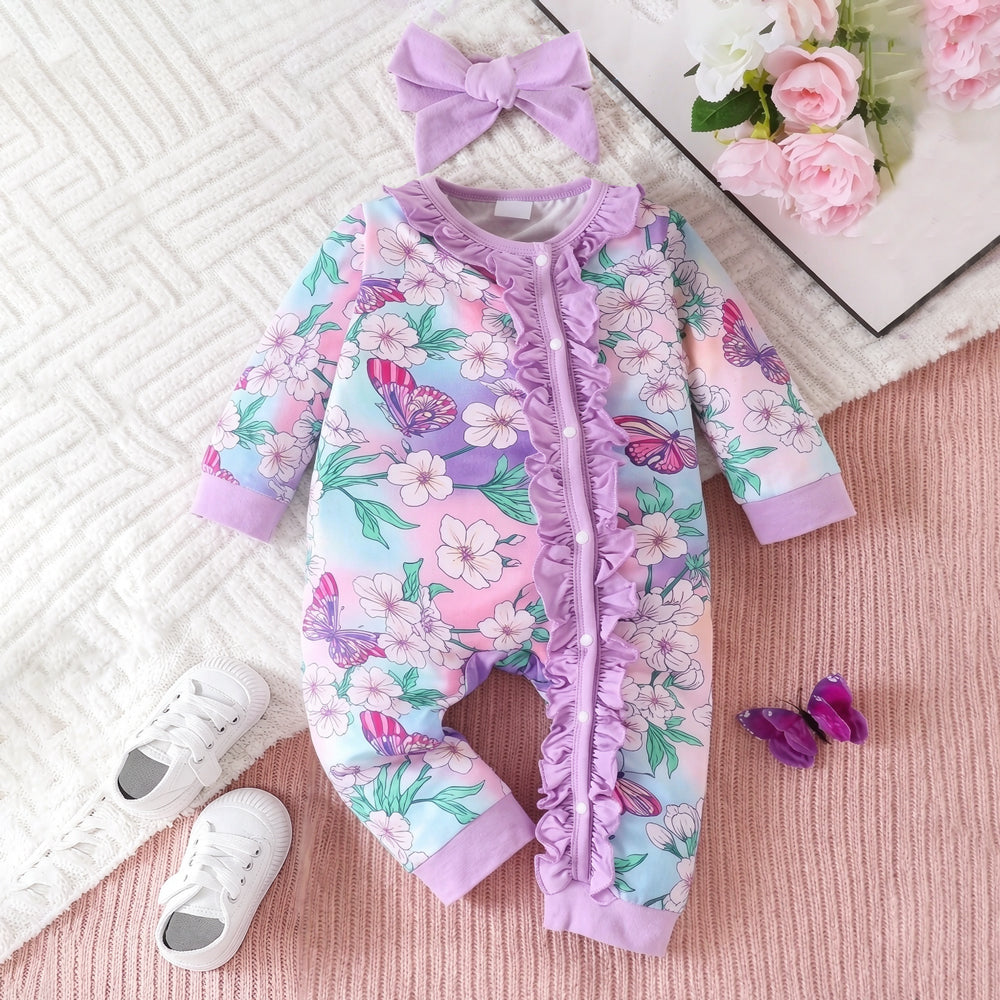 2PCS Dreamy Butterfly Floral Print Ruffle Baby Girl Jumpsuit