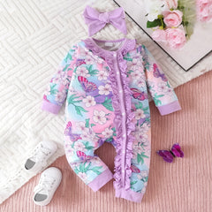 2PCS Dreamy Butterfly Floral Print Ruffle Baby Girl Jumpsuit