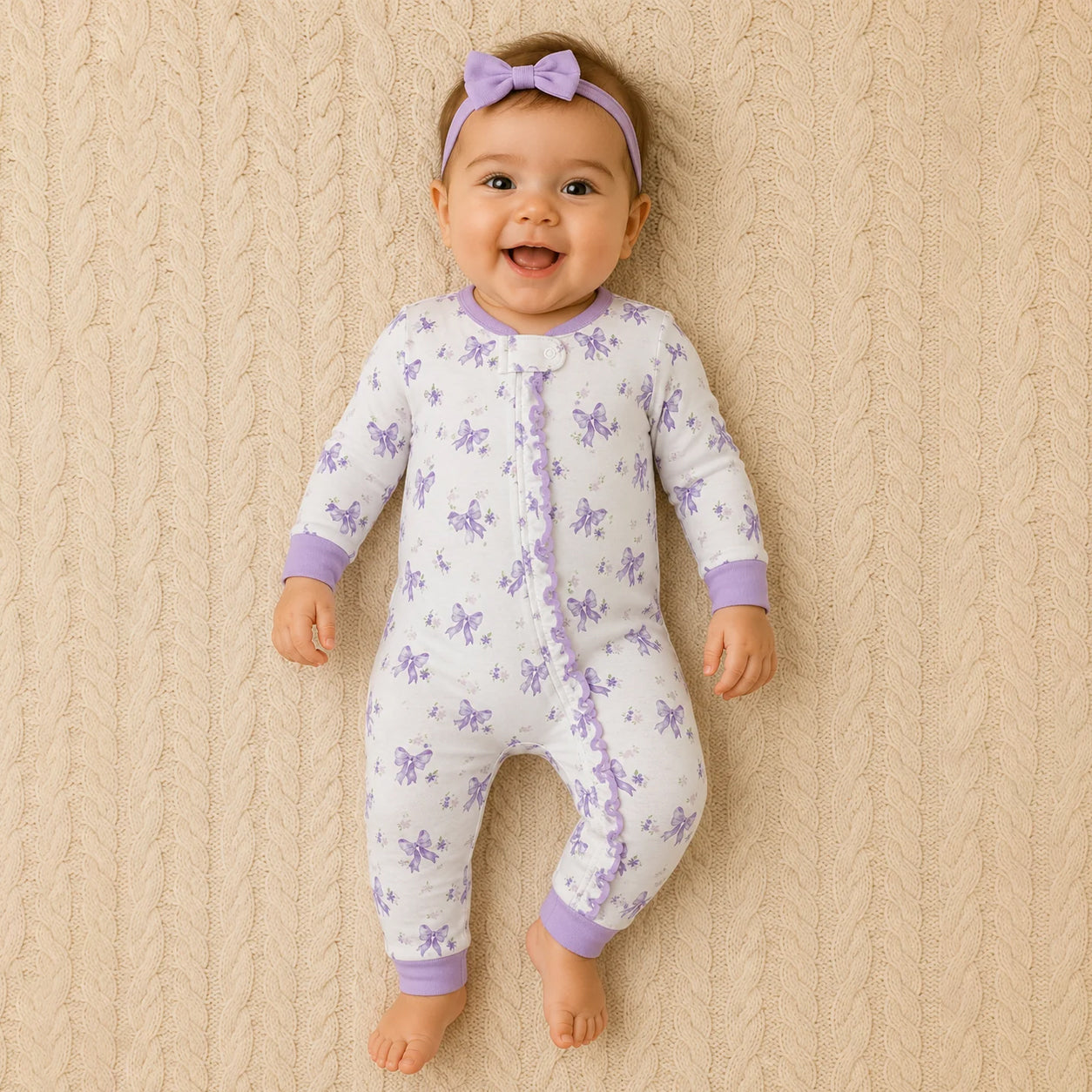 Dreamy Bow Print Ruffle Long Sleeve Zipper Baby Girl Jumpsuit