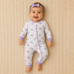 Dreamy Bow Print Ruffle Long Sleeve Zipper Baby Girl Jumpsuit