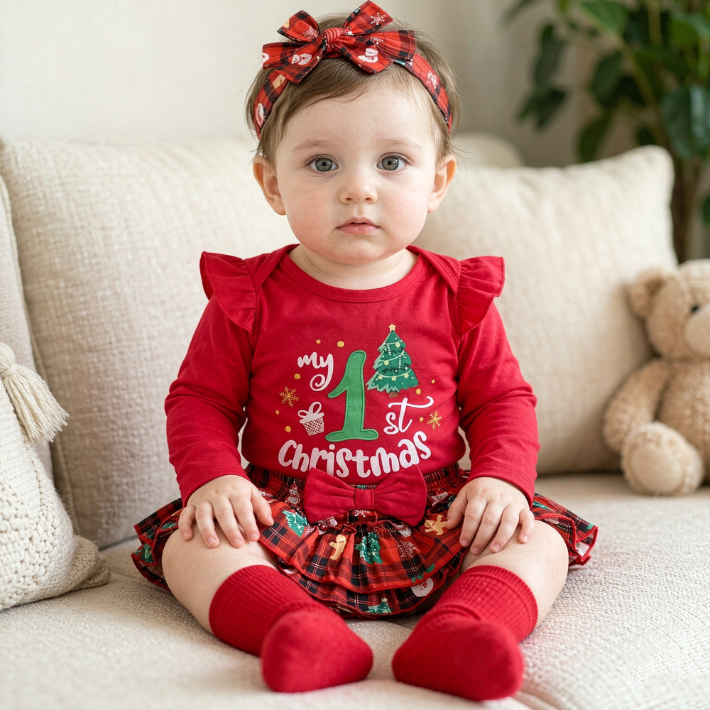 4PCS My 1st Christmas Letter Plaid Printed Long Sleeve Baby Set Secondary image