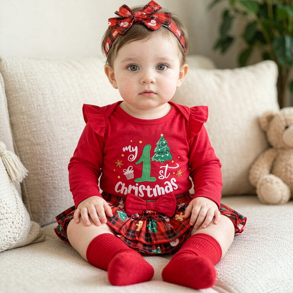 4PCS My 1st Christmas Letter Plaid Printed Long Sleeve Baby Set