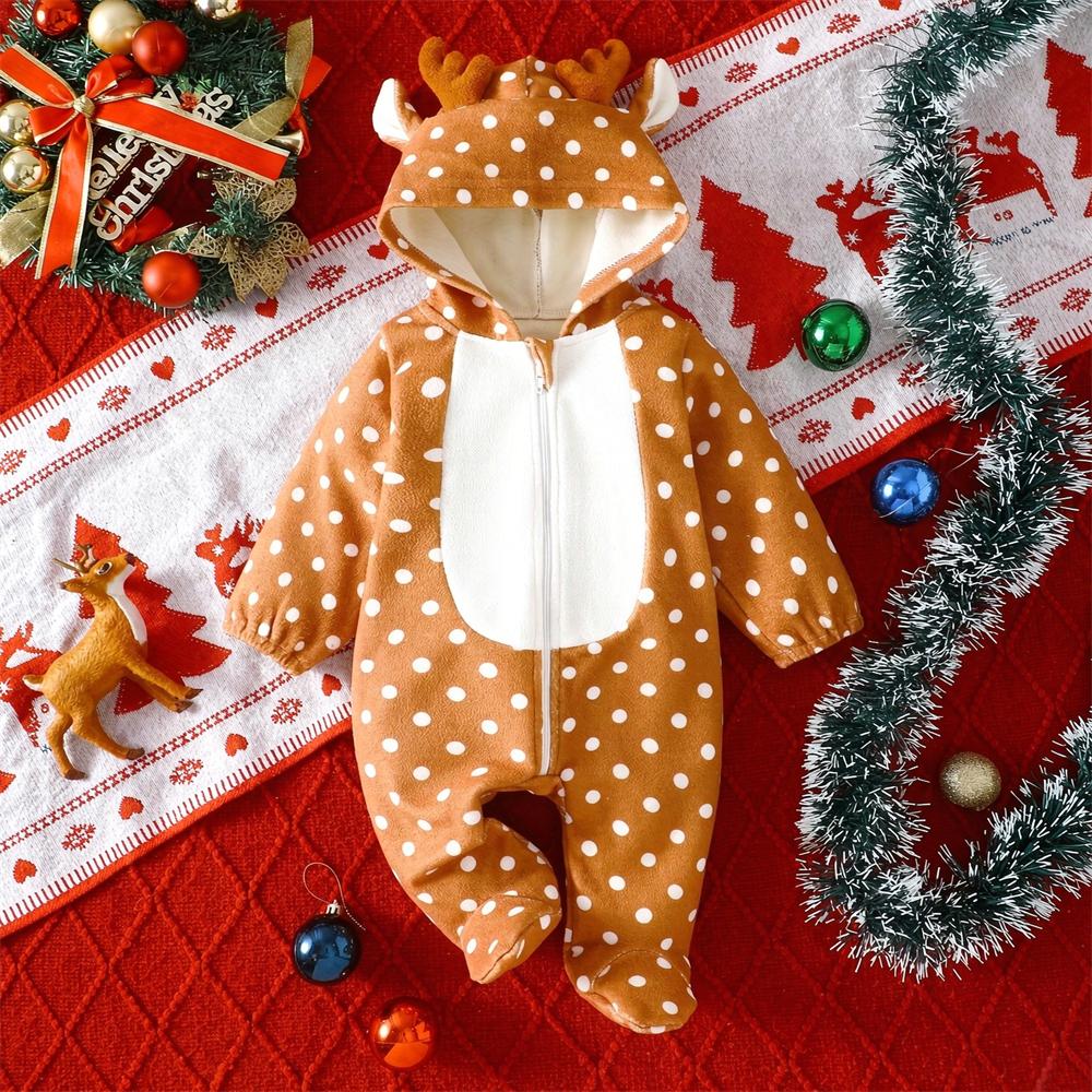 Polka Dots Deer Ears Long Sleeve Zipper Hooded Plush Baby Jumpsuit