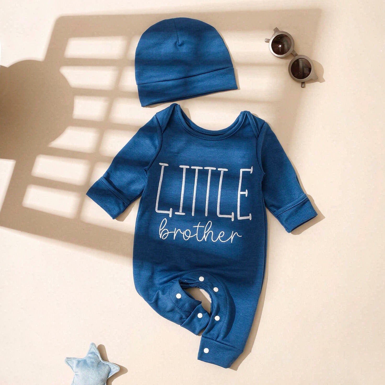 2PCS Cute Little Brother Letter Print Long Sleeve Baby Jumpsuit