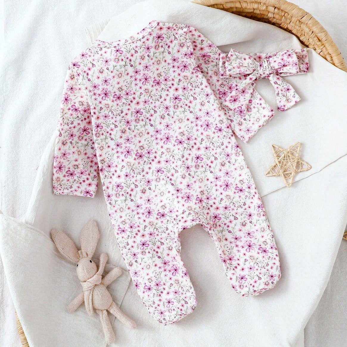 2PCS Romantic Floral Print Ruffle Long Sleeve Baby Zipper Jumpsuit